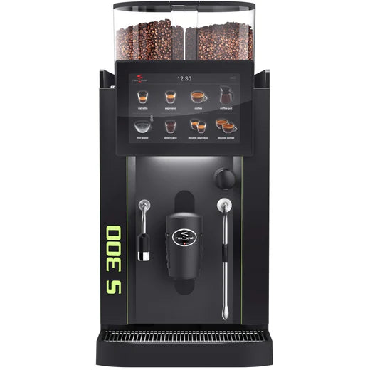 Front view of the Rex Royal S300 bean-to-cup coffee machine with dual bean hoppers and touchscreen display
