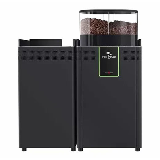 Rear view of the Rex-Royal S300 bean-to-cup coffee machine paired with a milk fridge unit