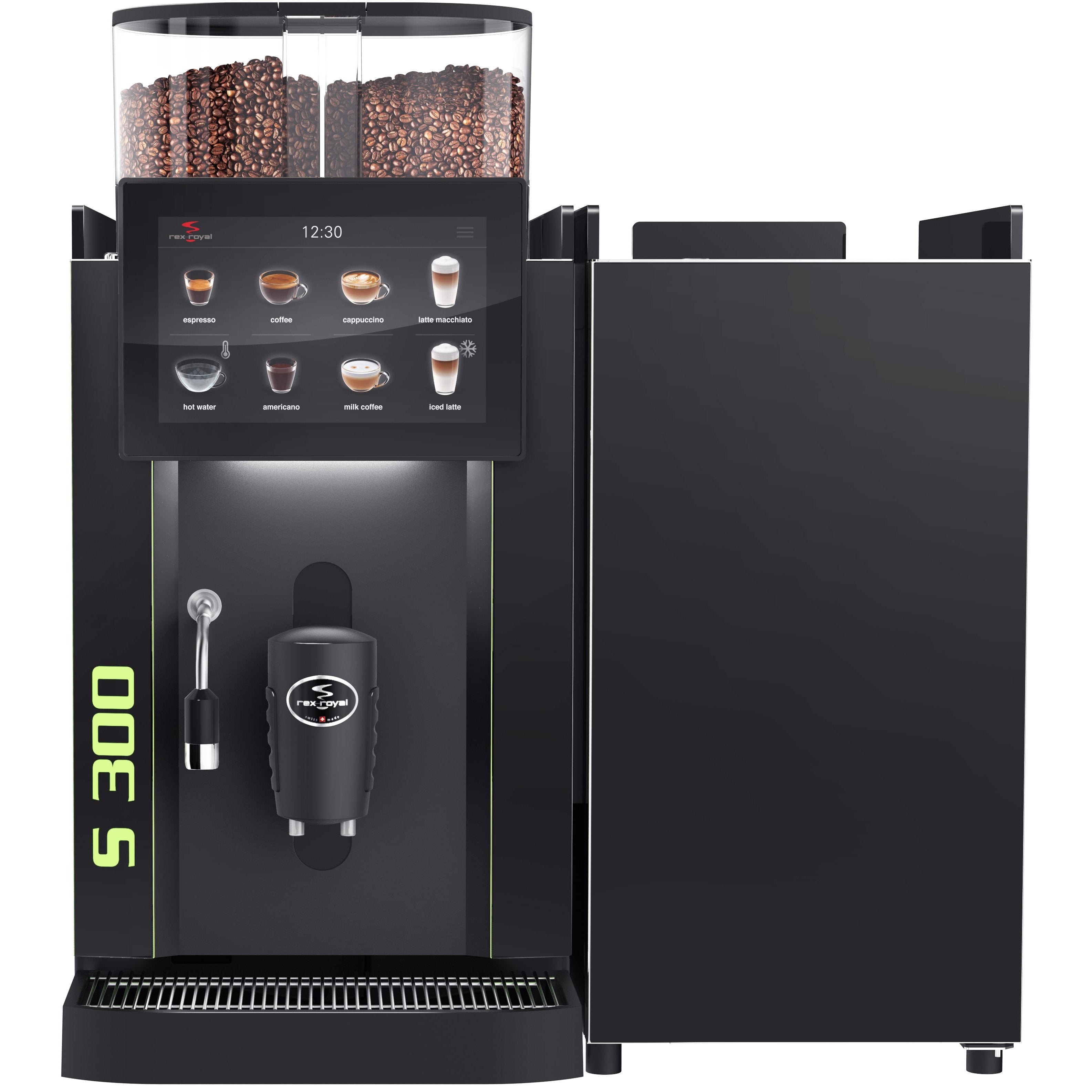 Front view of the Rex Royal S300 coffee machine with integrated touchscreen and connected milk fridge unit