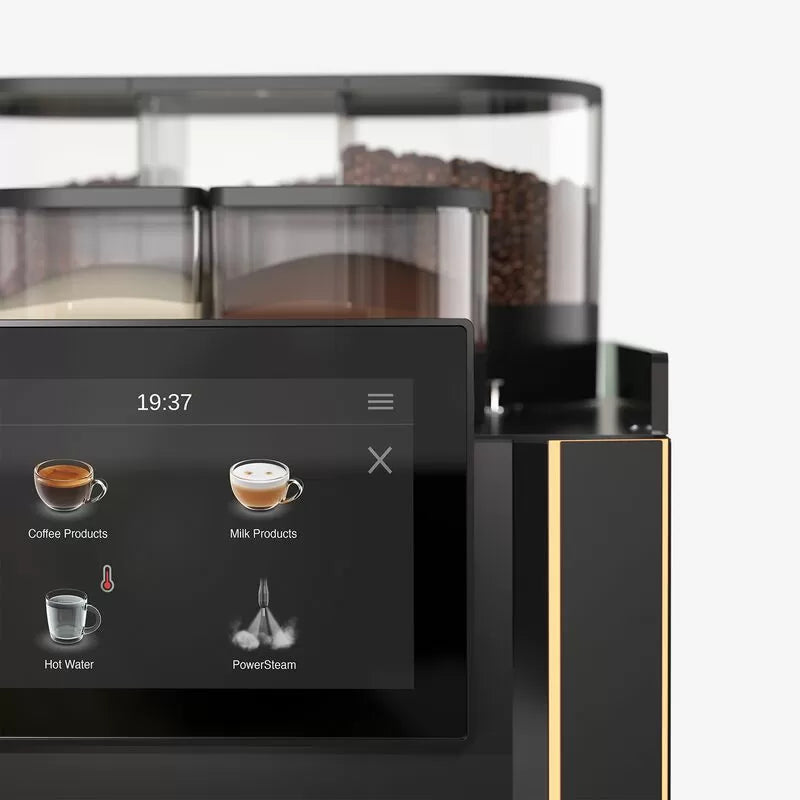 Close-up of the Rex-Royal S500 touchscreen display with dual hopper