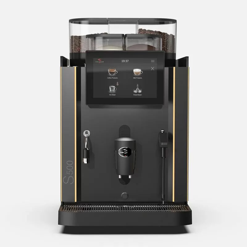 Front view of the Rex-Royal S500 bean-to-cup coffee machine with touchscreen interface and containers