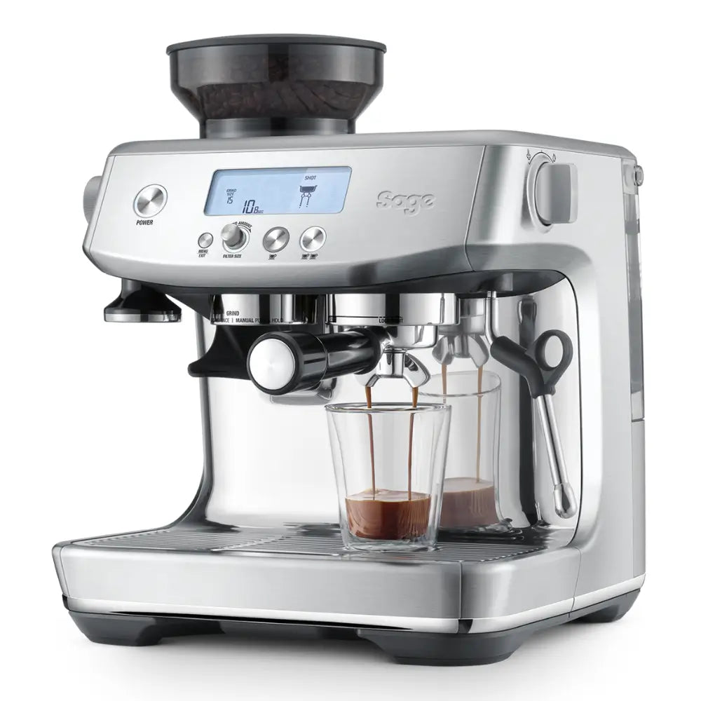 Angled view of the Sage Barista Pro extracting an espresso shot.