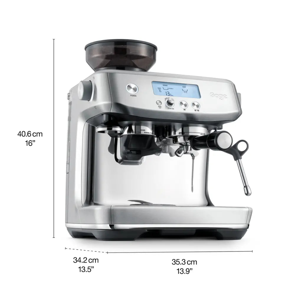 Front view of the Sage Barista Pro espresso machine showing its exact dimensions