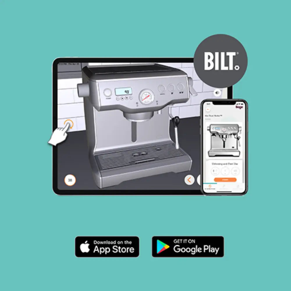 Sage Dual Boiler interactive setup shown on the BILT app, featuring 3D instructions on a tablet and smartphone to guide the user.