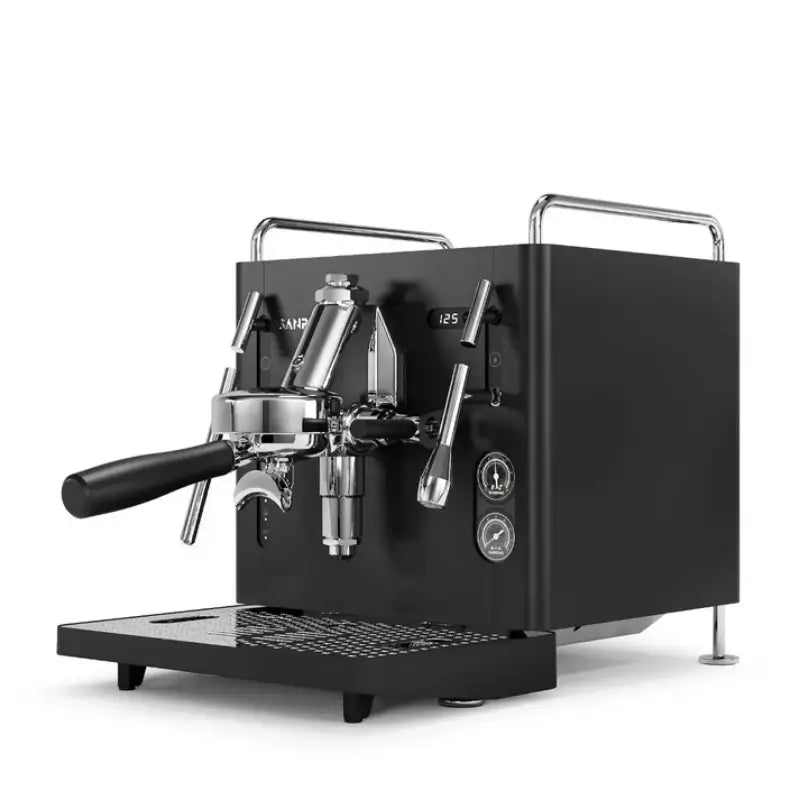 Angled front view of the Sanremo Cube R semi-professional espresso machine in a matte black finish.