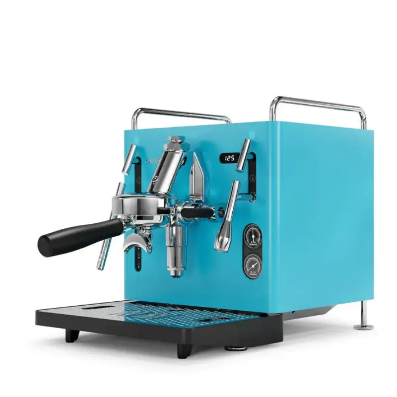 Angled front view of the Sanremo Cube R semi-professional espresso machine in a blue finish.