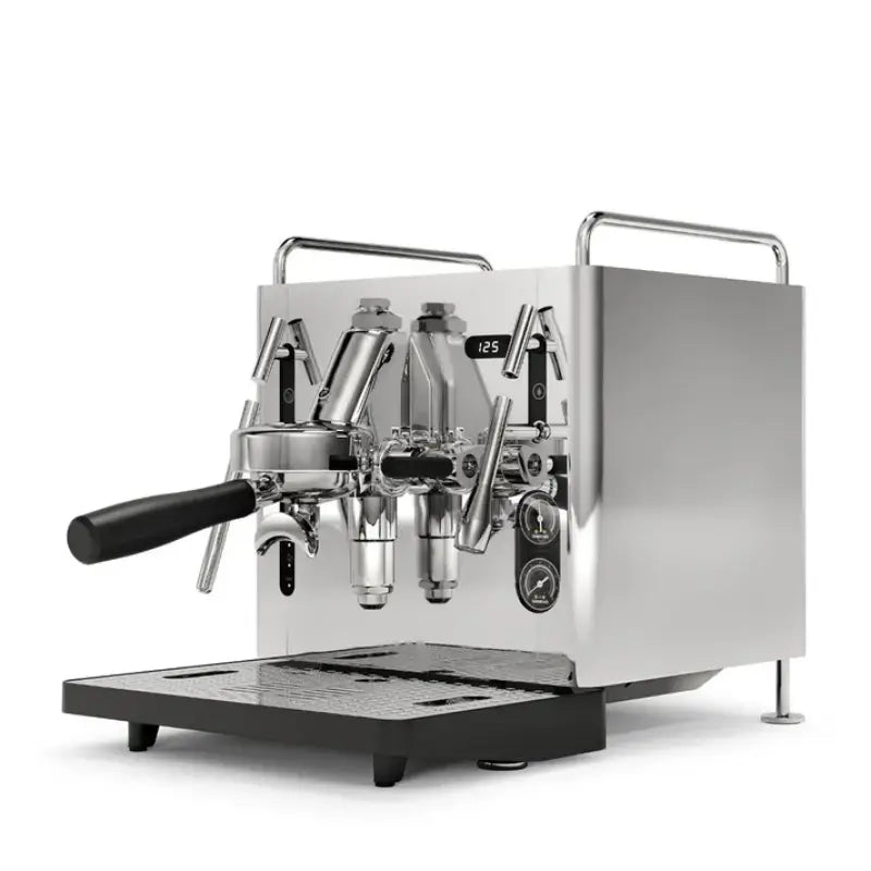 Angled front view of the Sanremo Cube R semi-professional espresso machine in a silver finish.
