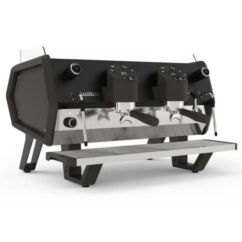 Angled front view of the Sanremo D8 commercial espresso machine in a 2-group configuration with individual digital displays.