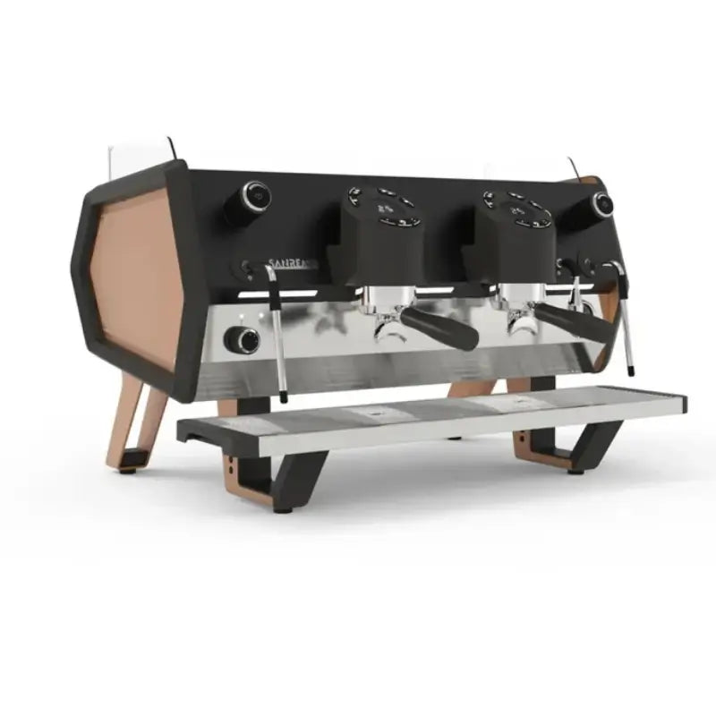 Angled front view of the Sanremo D8 commercial espresso machine in a 2-group configuration with individual digital displays.