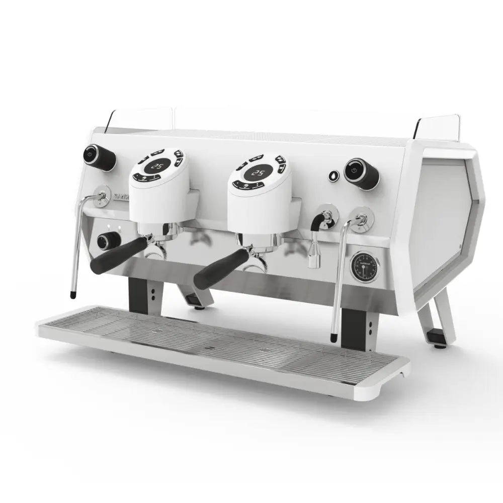 Front view of the Sanremo D8 commercial espresso machine in a striking white finish.