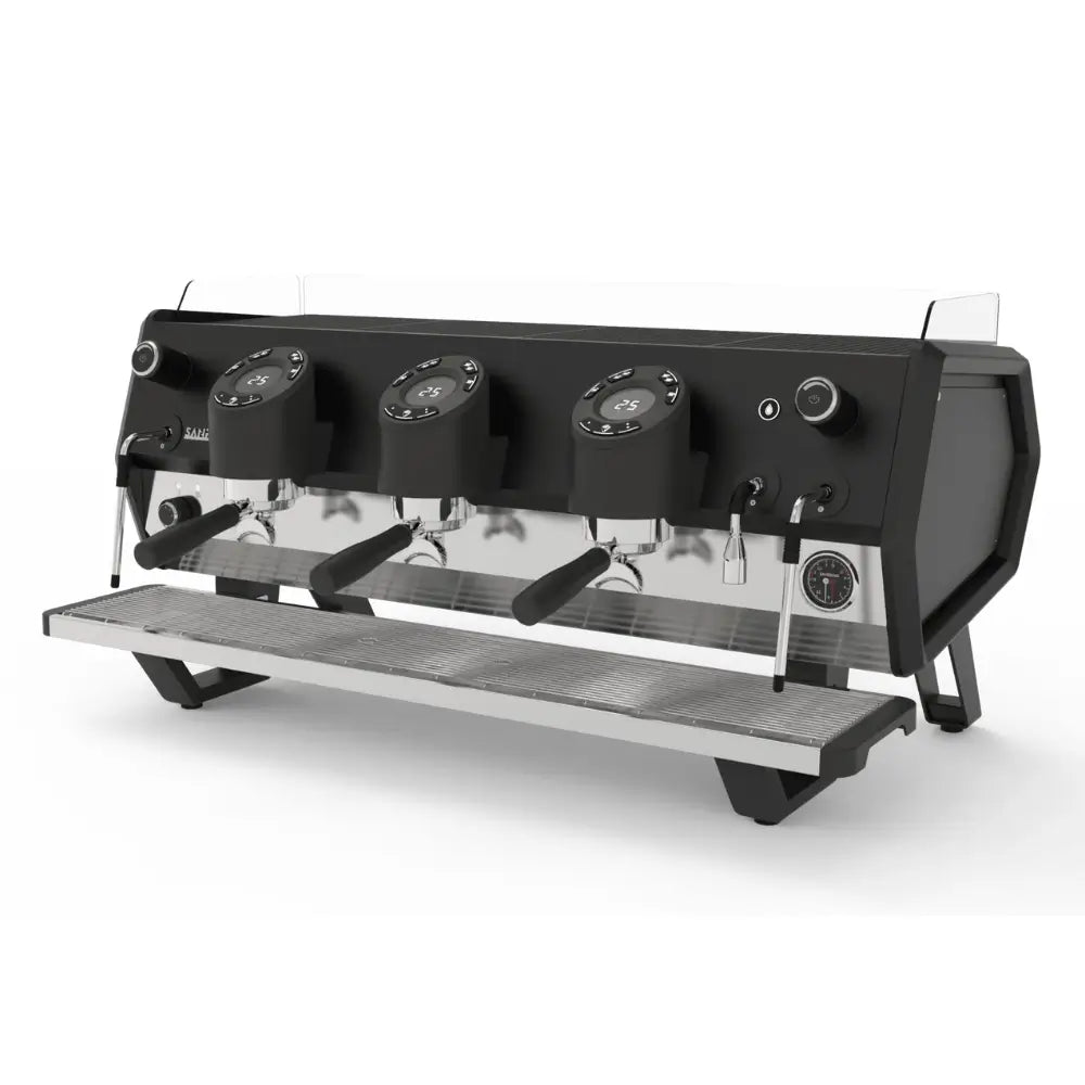 Angled front view of the Sanremo D8 commercial espresso machine in a 3-group configuration with individual digital displays.