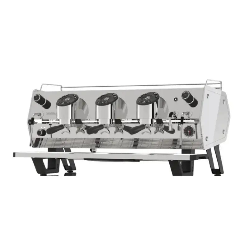 Angled front view of the Sanremo D8 commercial espresso machine in a 3-group configuration with individual digital displays.