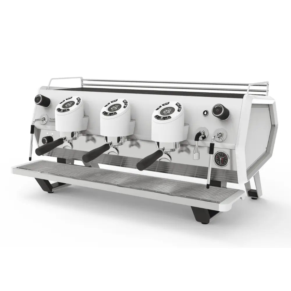 Front view of the Sanremo D8 pro commercial espresso machine in a striking white finish.