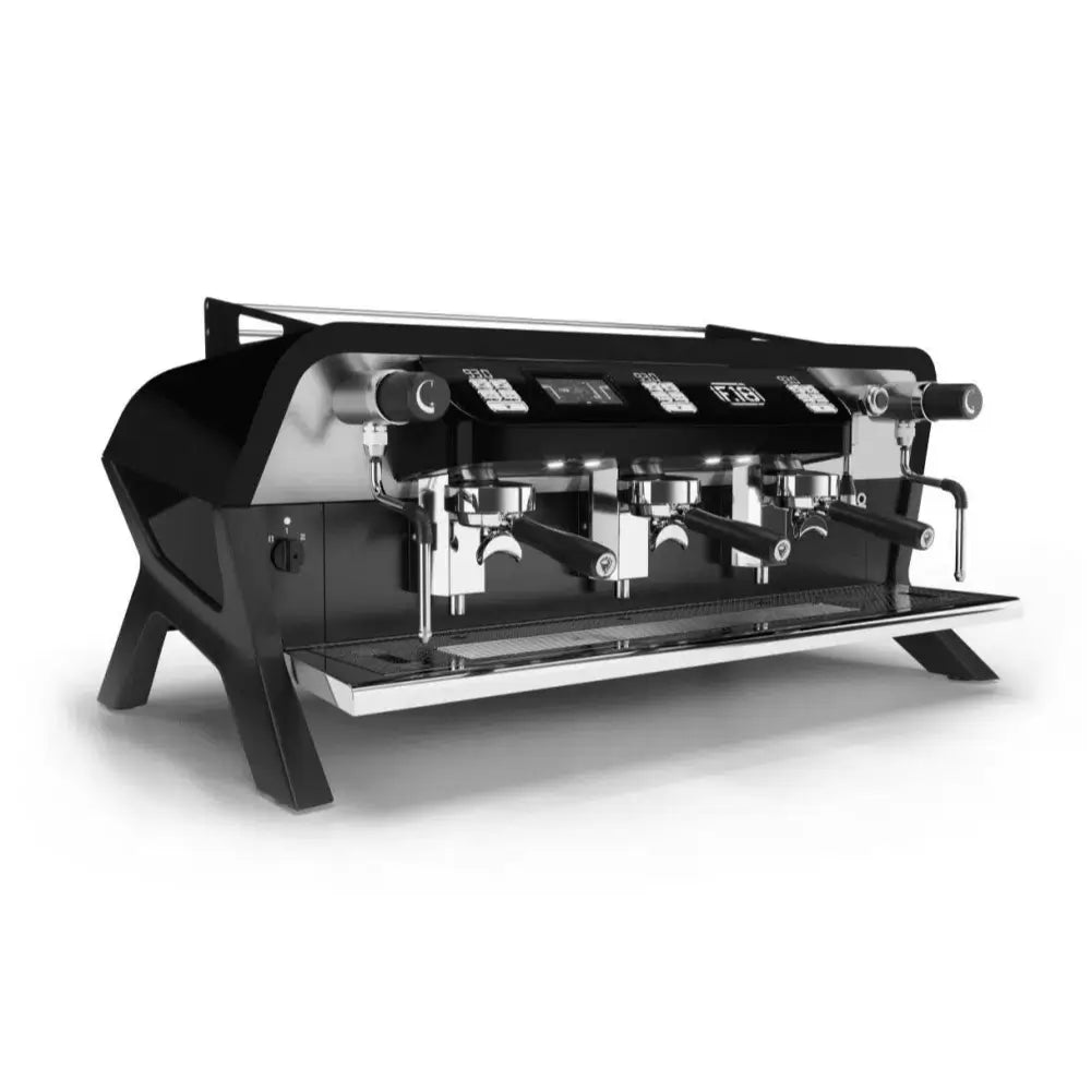 Angled view of the Sanremo F18 Multi Boiler commercial espresso machine in black, featuring three group heads.