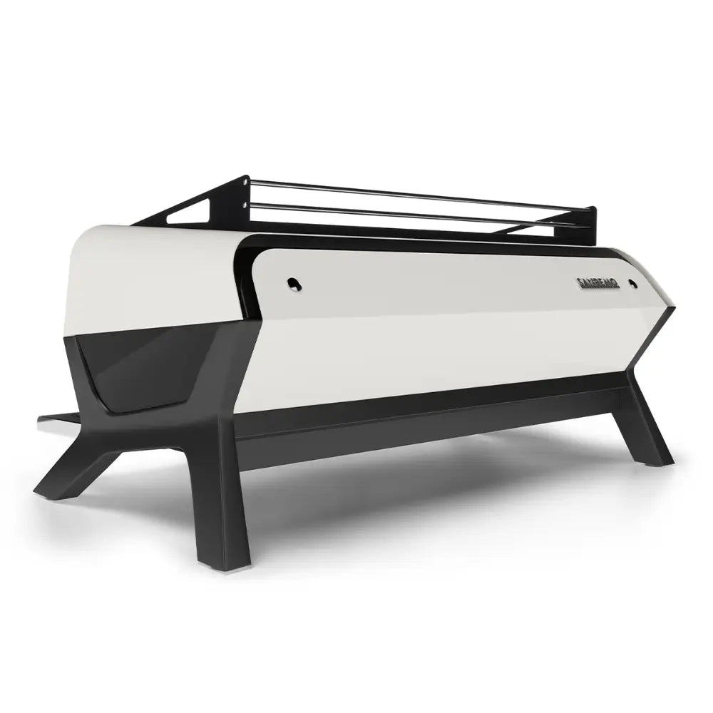 Angled side profile of the Sanremo F18 Multi Boiler commercial espresso machine in a white and black finish.