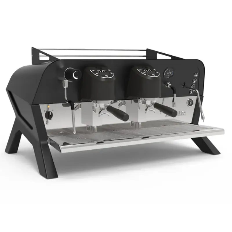 Angled view of the Sanremo F18 Single Boiler commercial espresso machine in a matt black finish.