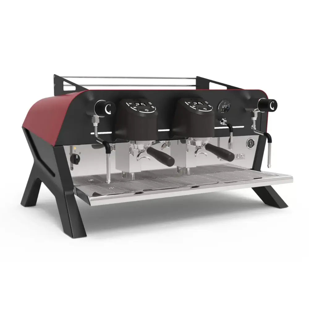 Angled view of the Sanremo F18 Single Boiler commercial espresso machine in a striking red and black finish.