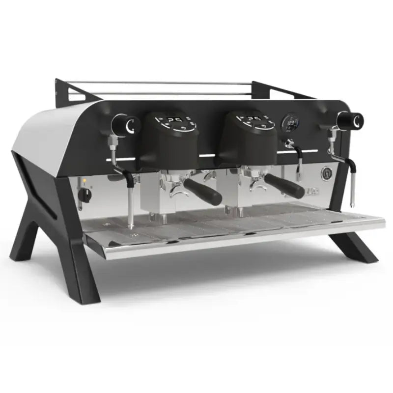 Angled view of the Sanremo F18 Single Boiler commercial espresso machine in a black and white finish.
