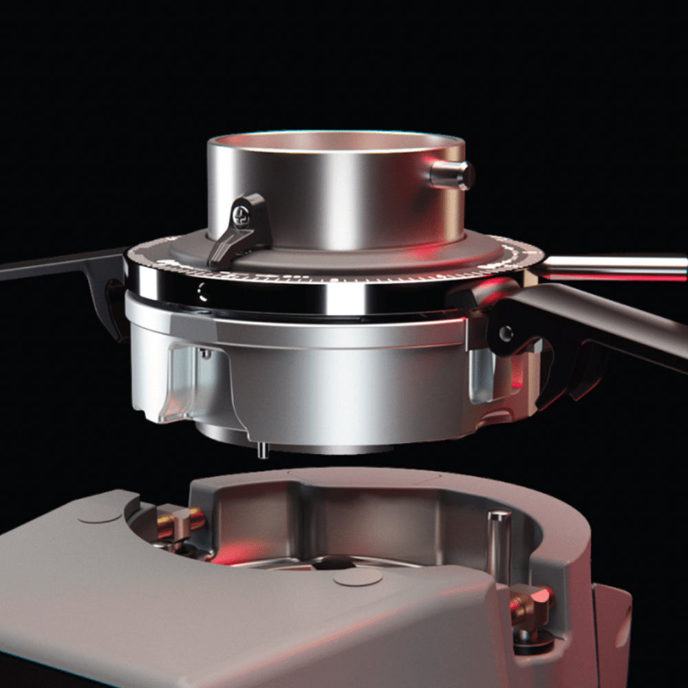 Exploded view of the grinding chamber and quick-release mechanism for the burrs on the Sanremo SR64 EVO Pro.