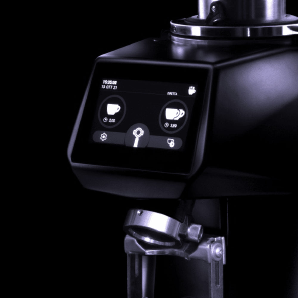 Close-up of the digital touchscreen interface on the SR64 EVO Pro, showing programmable single and double espresso dose settings.