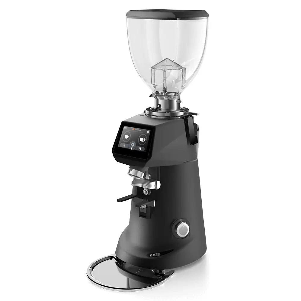 Angled view of Sanremo SR83 E Pro coffee grinder in black with touchscreen panel and large bean hopper