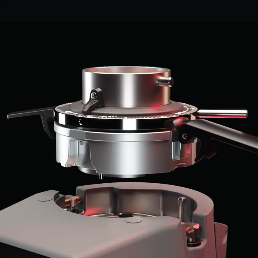 Exploded view showing the grinding chamber and quick access to the large 83mm flat burrs on the SR83 E Pro.