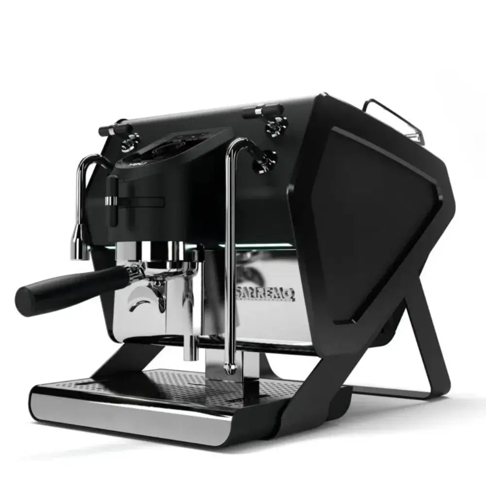 Angled view of the Sanremo YOU single-group espresso machine in black, highlighting its modern, open frame design.