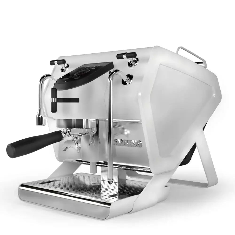 Angled view of the Sanremo YOU single-group espresso machine in white, highlighting its modern, open frame design.