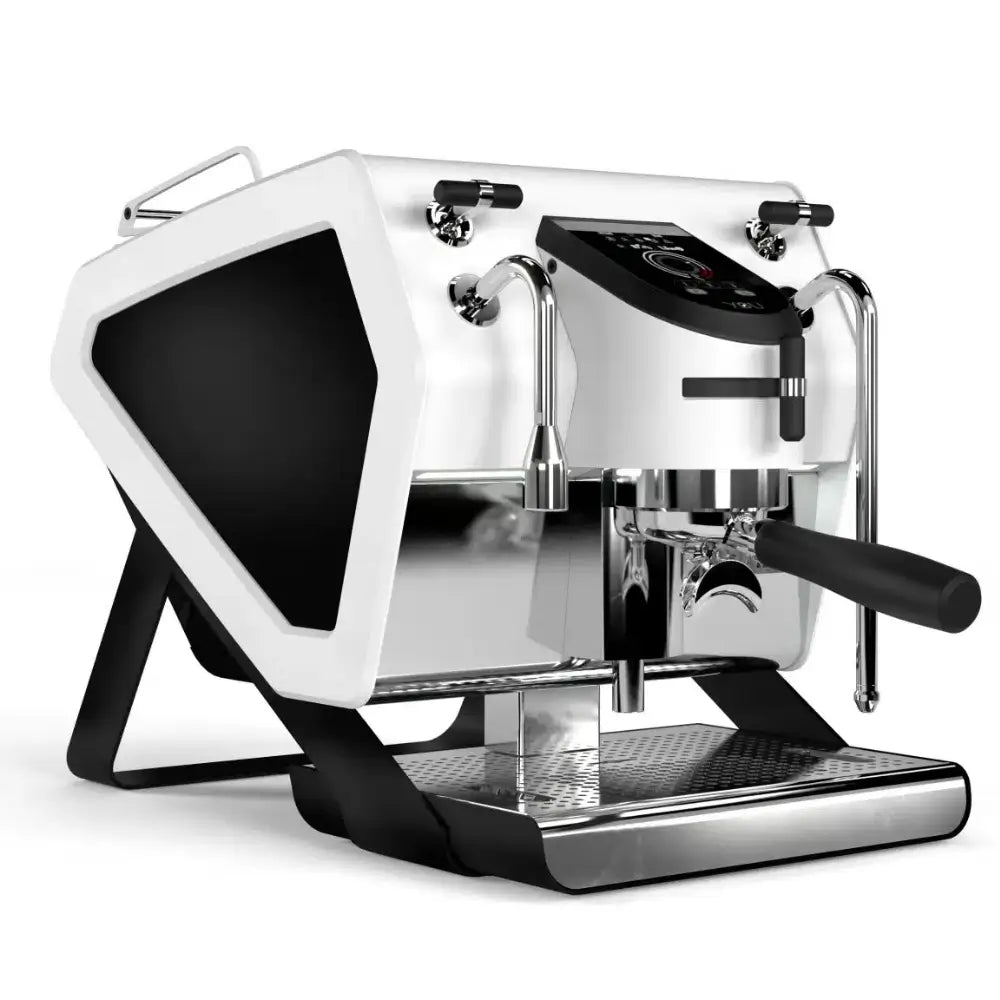 Angled view of the Sanremo YOU single-group espresso machine in white and black, highlighting its modern, open frame design.