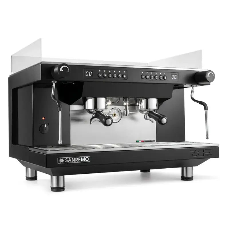 Angled view of the Sanremo Zoe Competition 2-group commercial espresso machine in black.