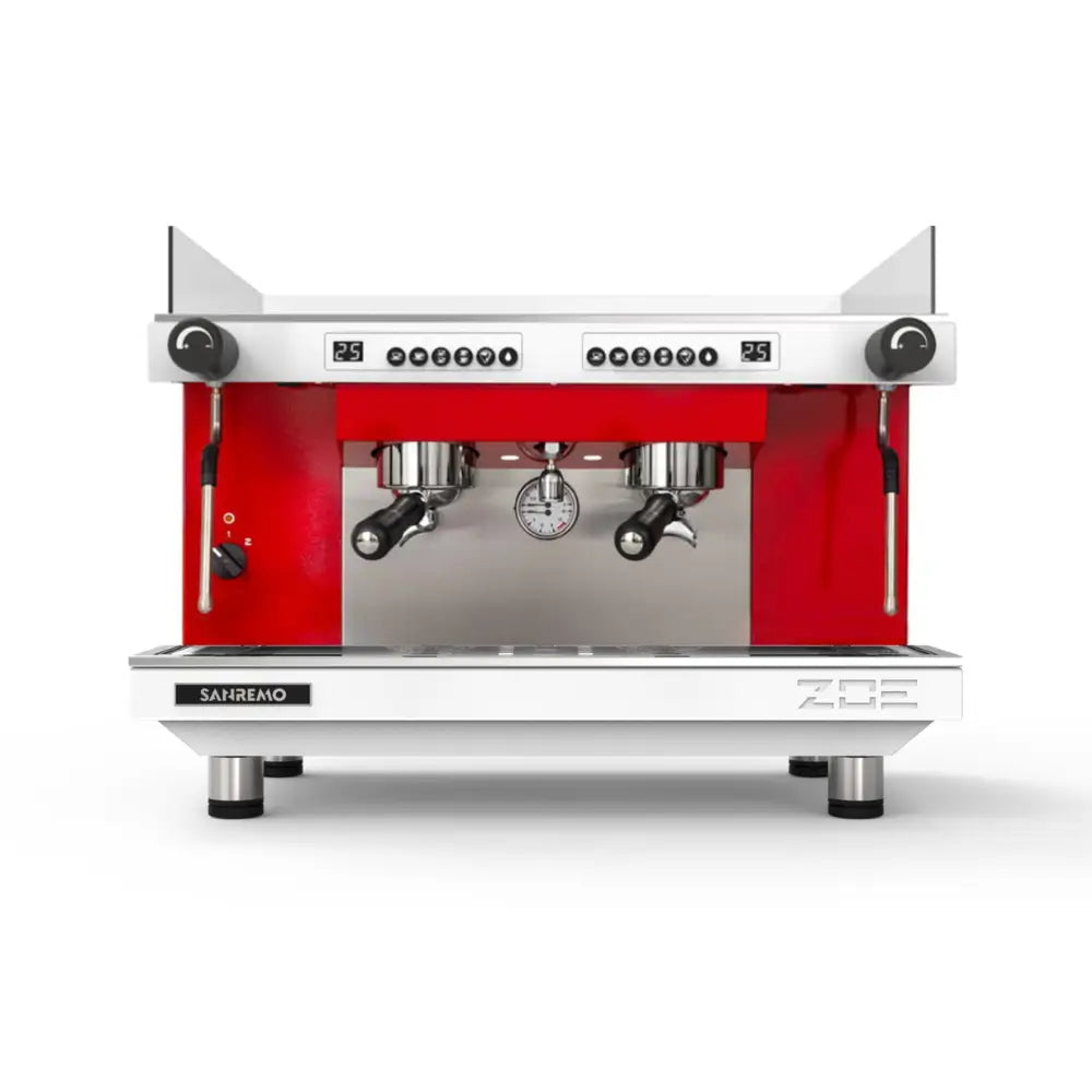 Front view of the Sanremo Zoe Competition 2-group machine with a vibrant red body and white base.