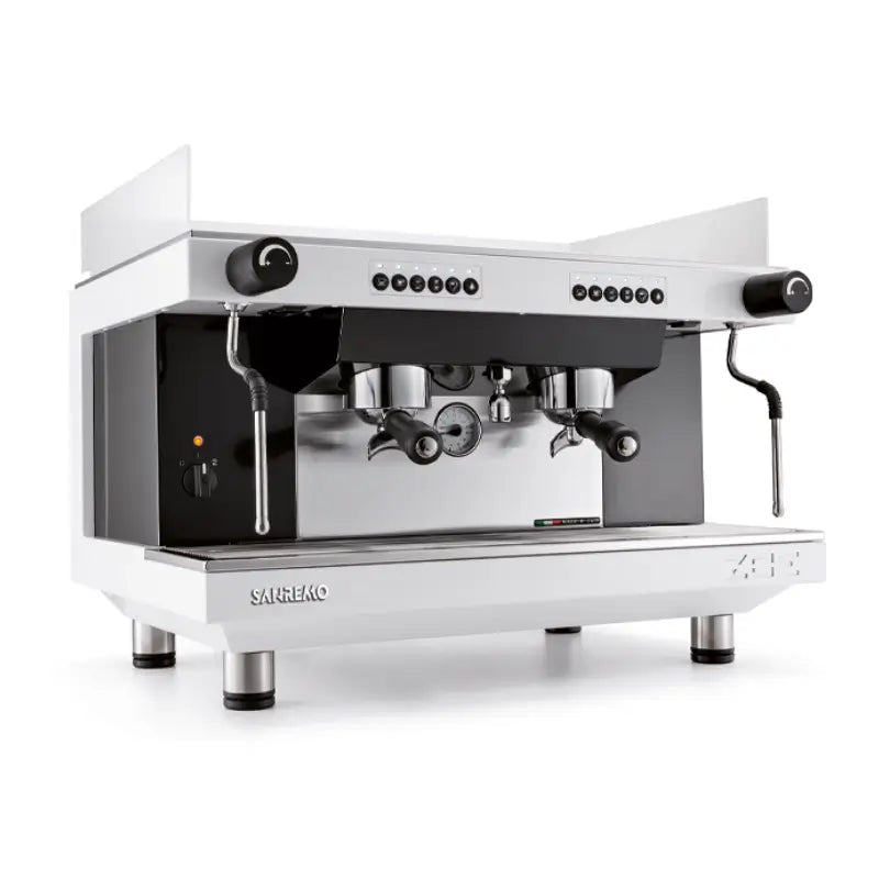 Angled view of the Sanremo Zoe Competition 2-group commercial espresso machine in white.