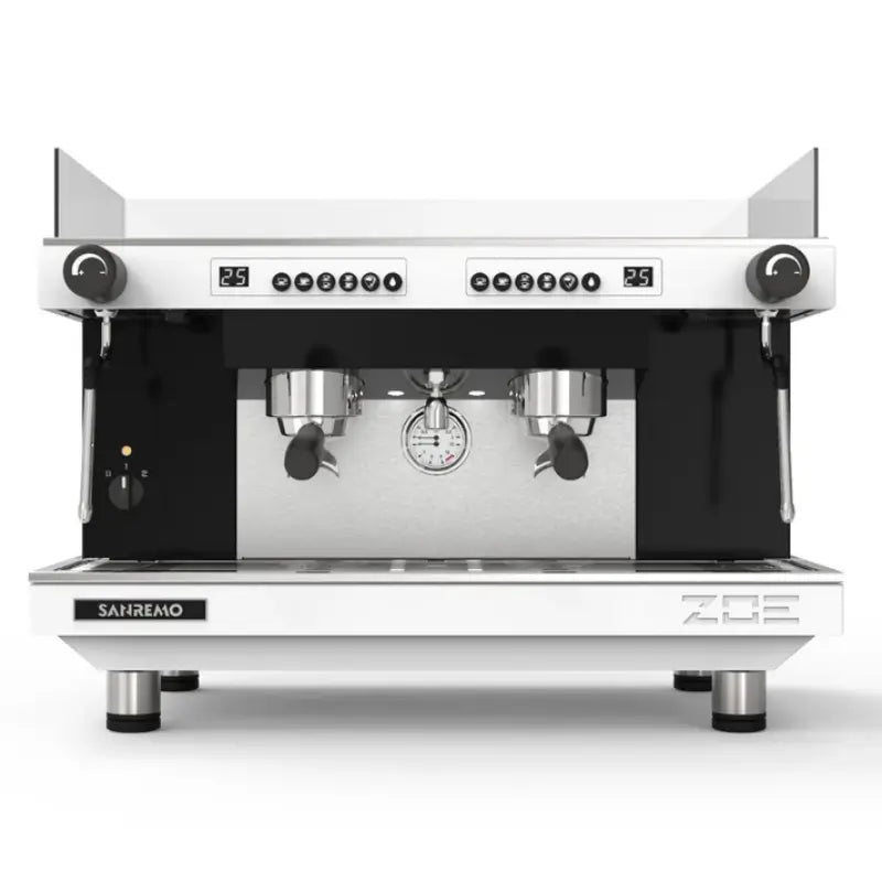 Front view of the Sanremo Zoe Competition 2-group commercial espresso machine in white.