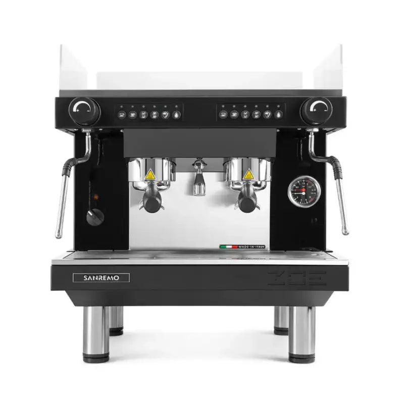 Front view of the Sanremo Zoe Kompact 2-group SED traditional espresso machine in black.