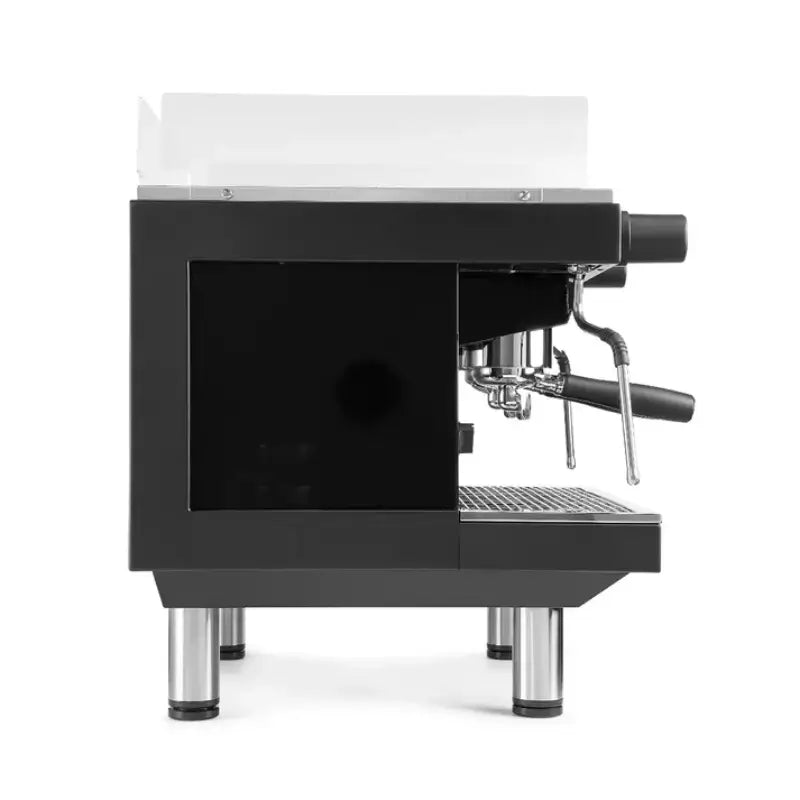 Side view of the Sanremo Zoe Kompact 2-group SED traditional espresso machine in black.