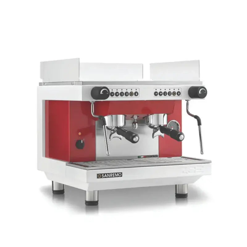 Angled view of the Sanremo Zoe Kompact 2-group SED traditional espresso machine in red.