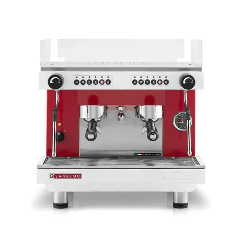 Front view of the Sanremo Zoe Kompact 2-group SED traditional espresso machine in red.