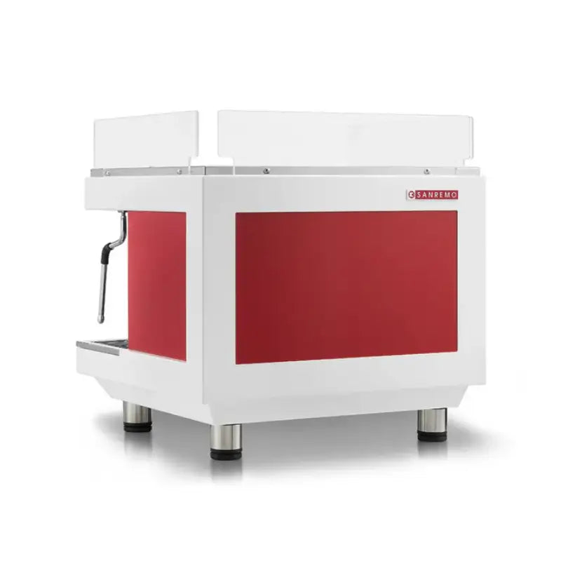 Rear view of the Sanremo Zoe Kompact 2-group SED traditional espresso machine in red.