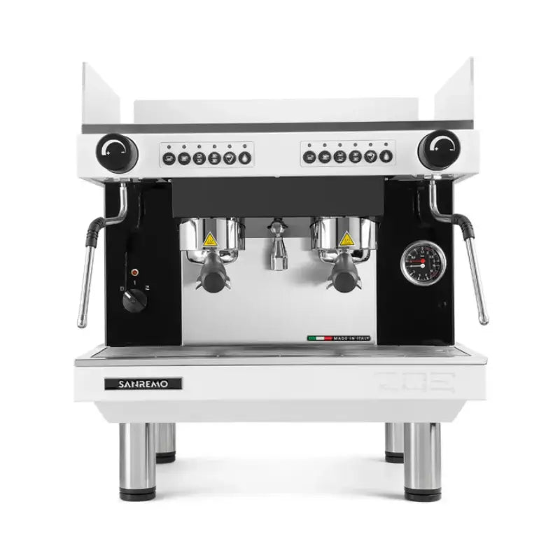 Front view of the Sanremo Zoe Kompact 2-group SED traditional espresso machine in white.