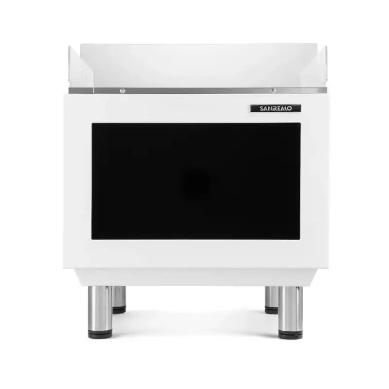 Rear view of the Sanremo Zoe Kompact 2-group SED traditional espresso machine in white.