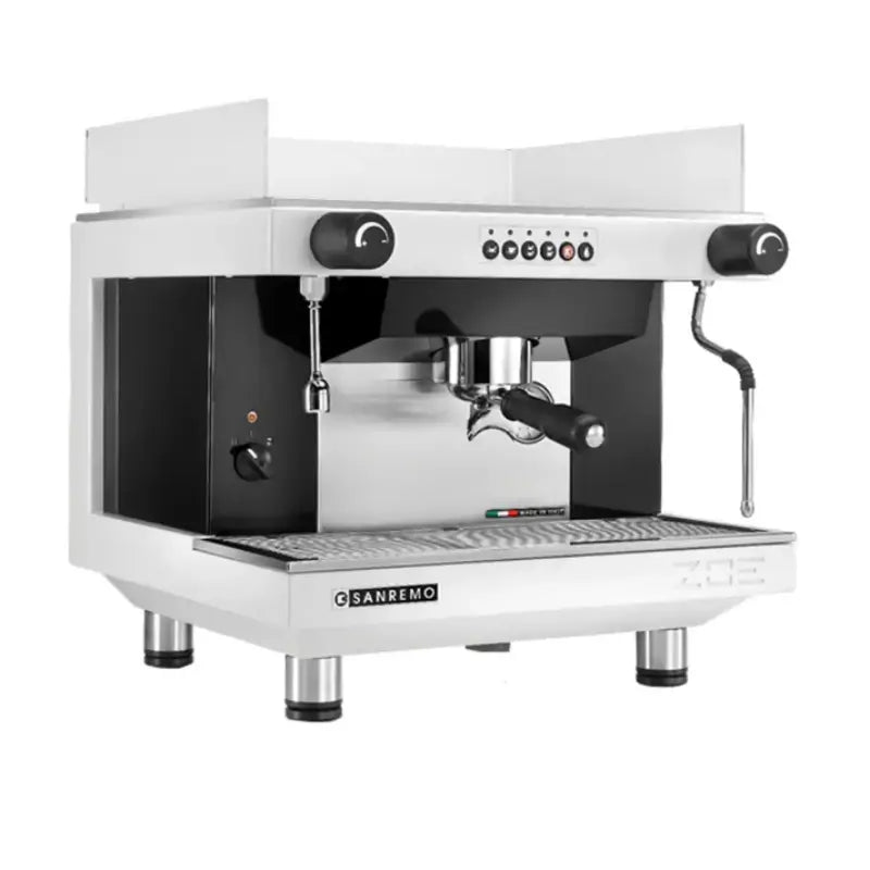 Angled view of the Sanremo Zoe SED single group machine in a sleek white and black finish.