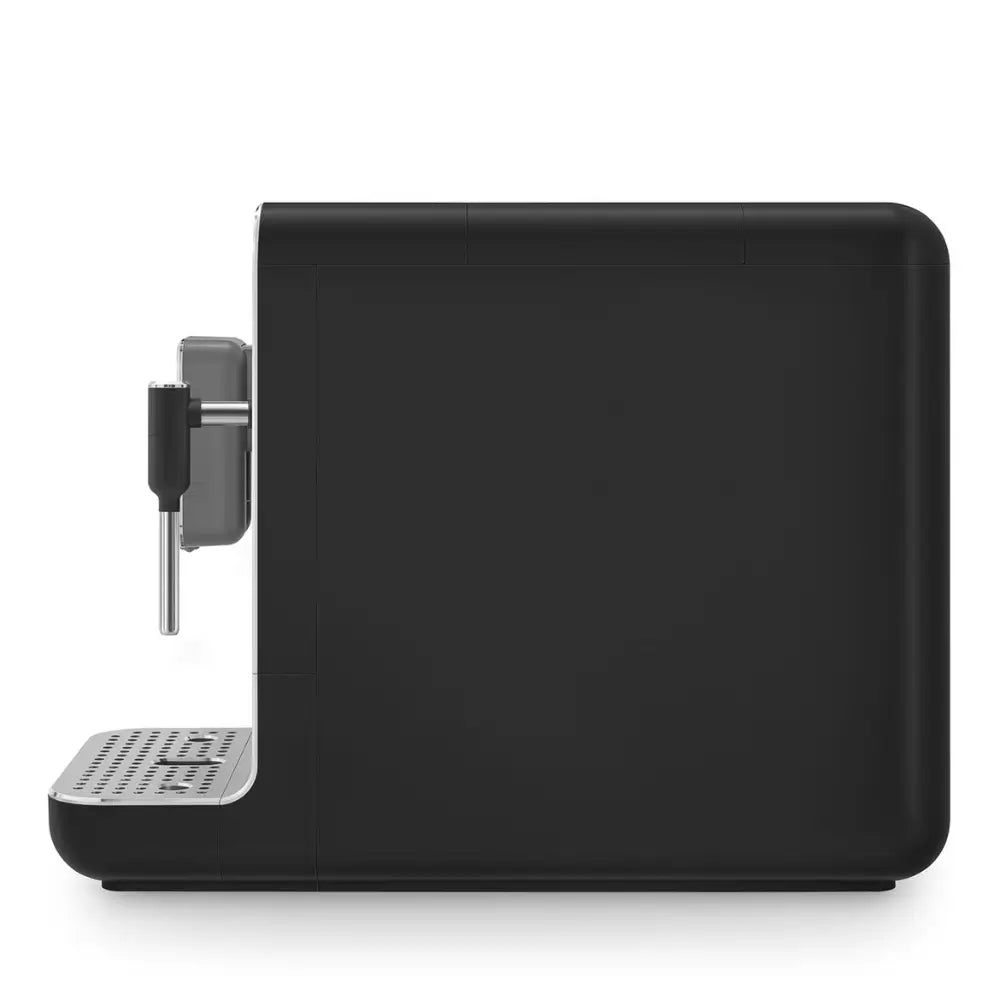 Right side profile of the black SMEG BCC12, highlighting its sleek and compact footprint.