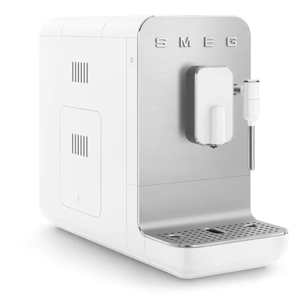 Front angled view of the SMEG BCC12 fully automatic bean-to-cup coffee machine with a manual steam wand in white.