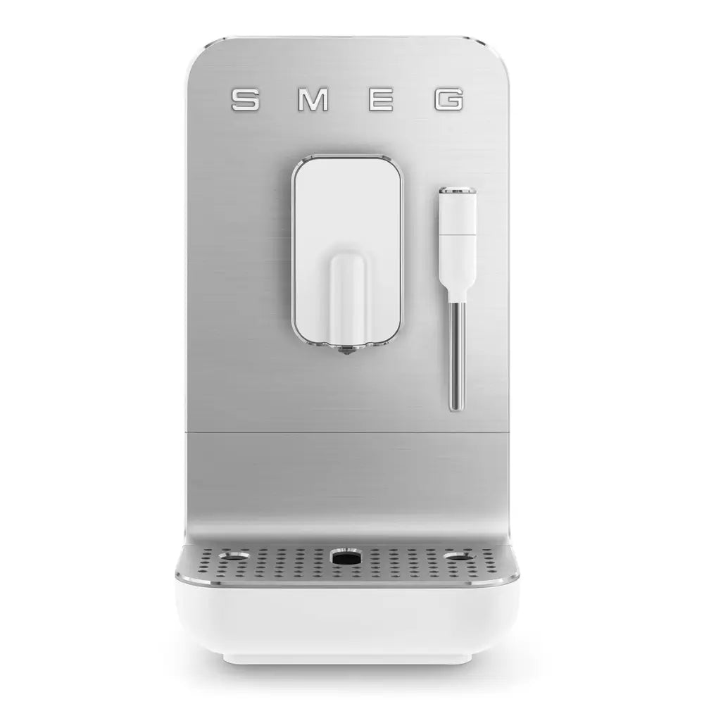 Front view of the SMEG BCC12 fully automatic bean-to-cup coffee machine with a manual steam wand.