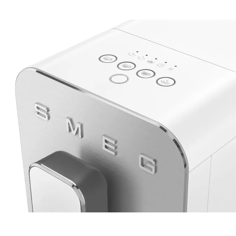 Close-up of the one-touch beverage icons on the top panel of the white SMEG BCC12 machine.