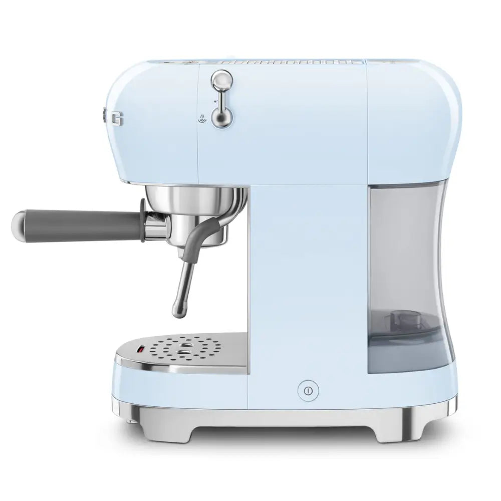 Side view of the SMEG ECF02 50's Style espresso machine in pastel blue.