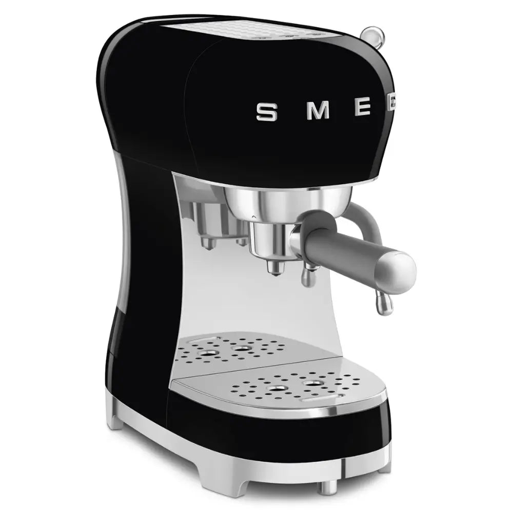 Angled view of the SMEG ECF02 espresso machine, highlighting its retro curved design.
