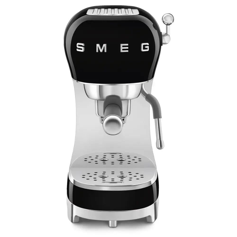 Front view of the SMEG ECF02 50's Style espresso machine in glossy black.