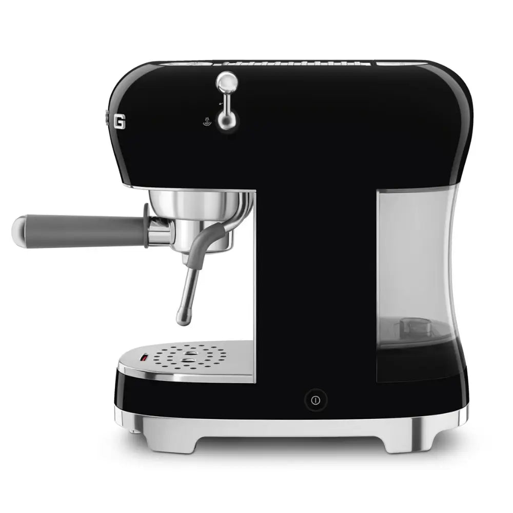 Left side profile of the SMEG ECF02 showing the integrated water tank and steam wand functionality.
