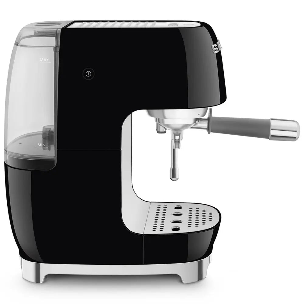 Side view of the black SMEG ECF03BLUK espresso machine showing the water tank with MAX and MIN fill lines.